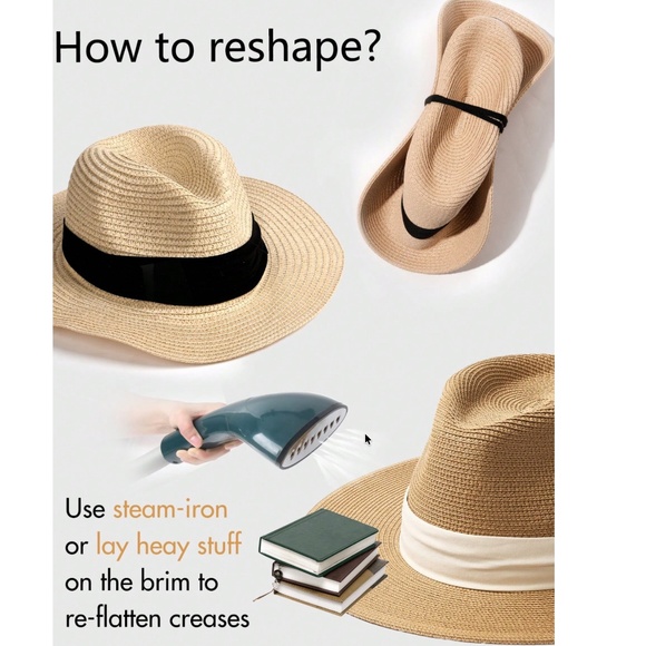 Boho Natural Black ribbon Straw Fedora hat main image 5